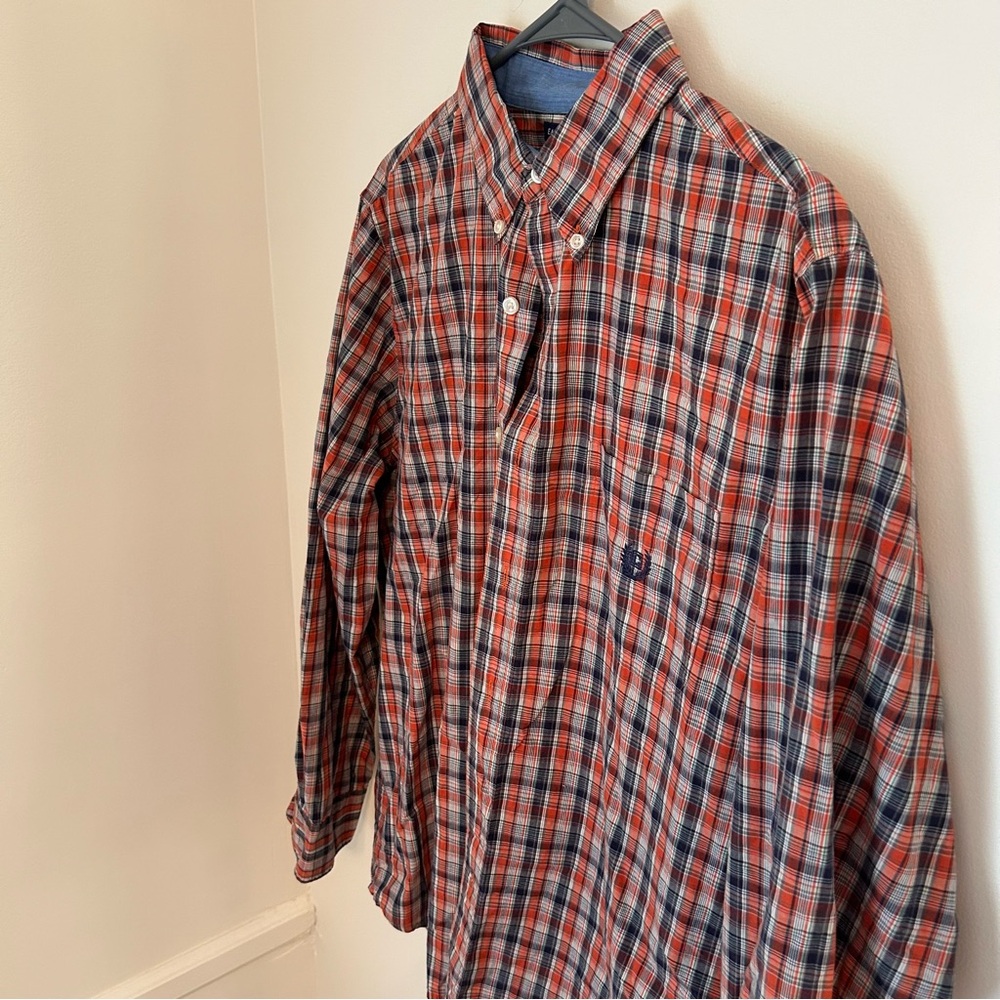 Men’s‎ Chaps Long Sleeve Button Down Orange Blue Oxford Shirt Plaid Size Large